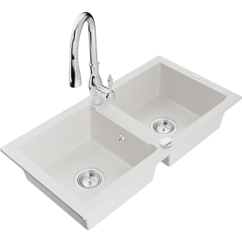 Mexen Mario granite sink 2-chamber with Savita kitchen tap, white - 6504-20-672601-00