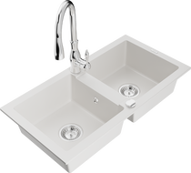 Mexen Mario granite sink 2-chamber with Savita kitchen tap, white - 6504-20-672601-00