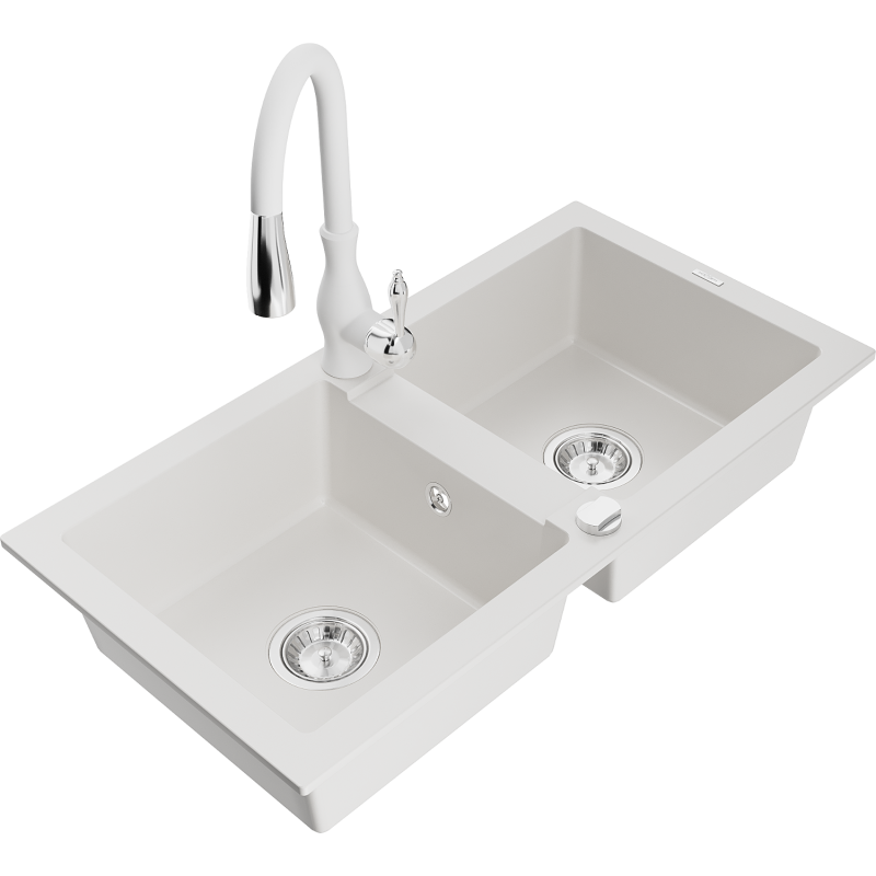 Mexen Mario 2-bowl granite kitchen sink with Savita kitchen tap, white - 6504-20-672601-20