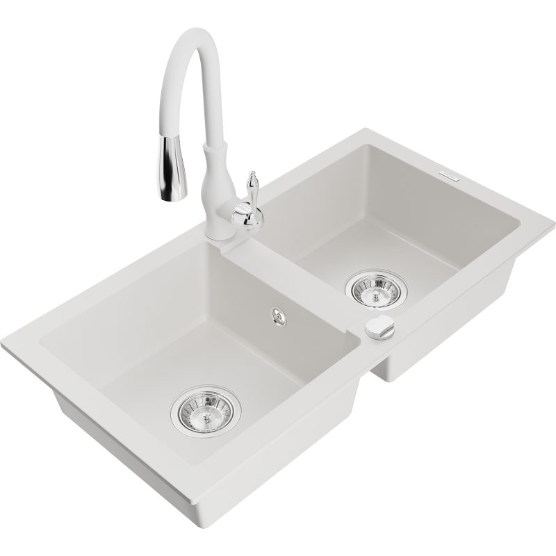 Mexen Mario fregadero de granito de 2 compartimentos con grifo de cocina Savita, blanco - 6504-20-672601-20
