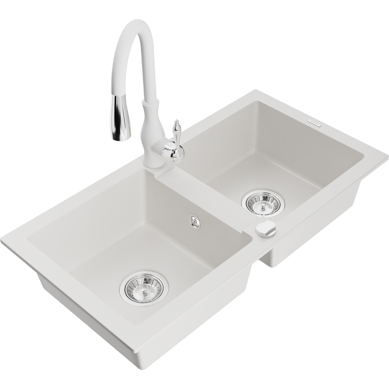 Mexen Mario lava-loiça de granito de 2 cubas com misturadora de cozinha Savita, branco - 6504-20-672601-20