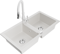 Mexen Mario 2-bowl granite kitchen sink with Savita kitchen tap, white - 6504-20-672601-20