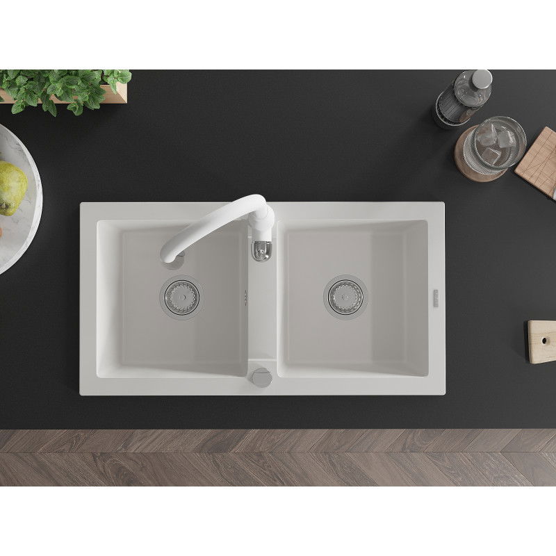 Mexen Mario 2-kammioinen graniittinen pesuallas keittiöhana Savita, valkoinen - 6504-20-672601-20