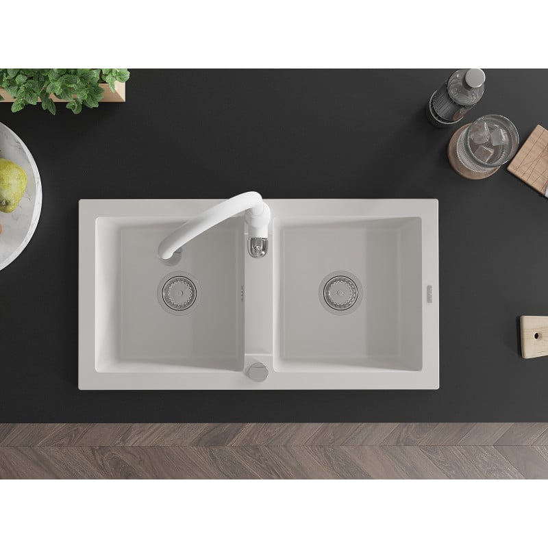 Mexen Mario lava-loiça de granito de 2 cubas com misturadora de cozinha Savita, branco - 6504-20-672601-20