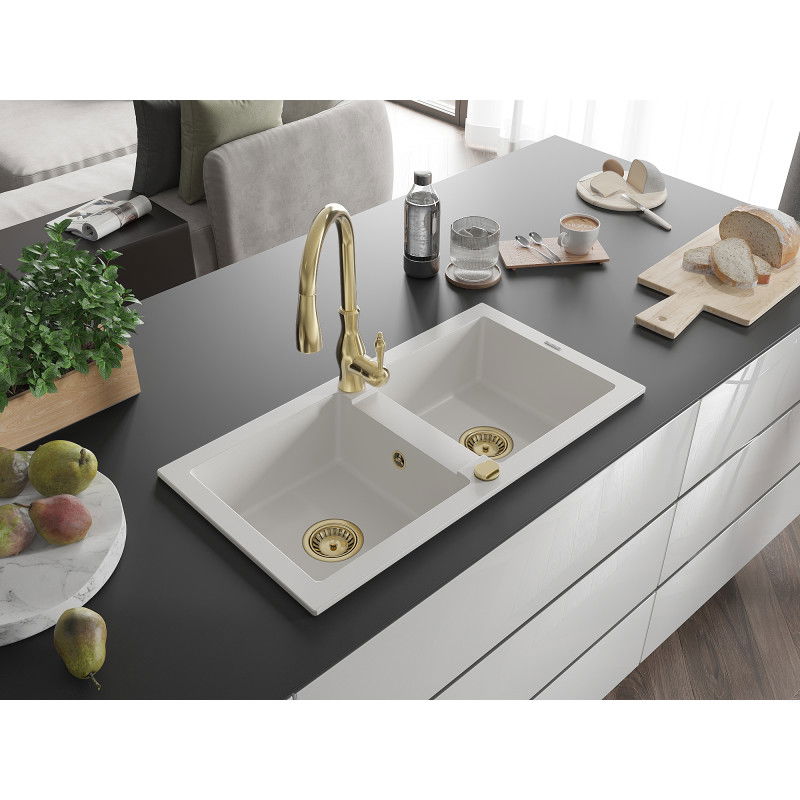 Mexen Mario granite kitchen sink with 2 compartments and Savita kitchen tap, white - 6504-20-672601-50