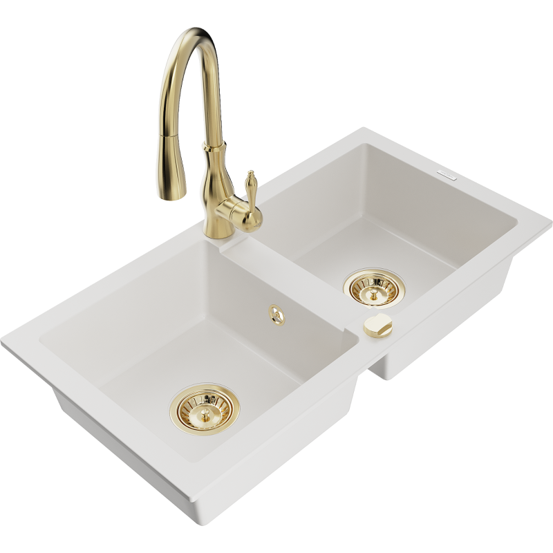 Mexen Mario granitdiskbänk 2-kammare med köksblandare Savita, vit - 6504-20-672601-50