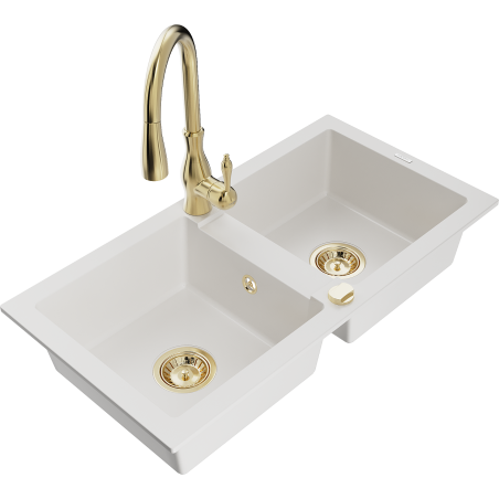 Mexen Mario granieten gootsteen met 2 kamers en keukenmengkraan Savita, wit - 6504-20-672601-50