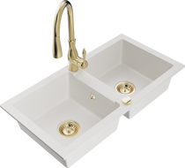 Mexen Mario 2-Bowl Granite Sink with Savita Kitchen Faucet, White - 6504-20-672601-50