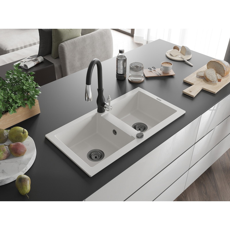 Mexen Mario fregadero de granito de 2 compartimentos con grifo de cocina Savita, blanco - 6504-20-672601-70
