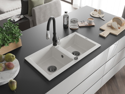 Mexen Mario 2-bowl granite kitchen sink with Savita tap, white - 6504-20-672601-70