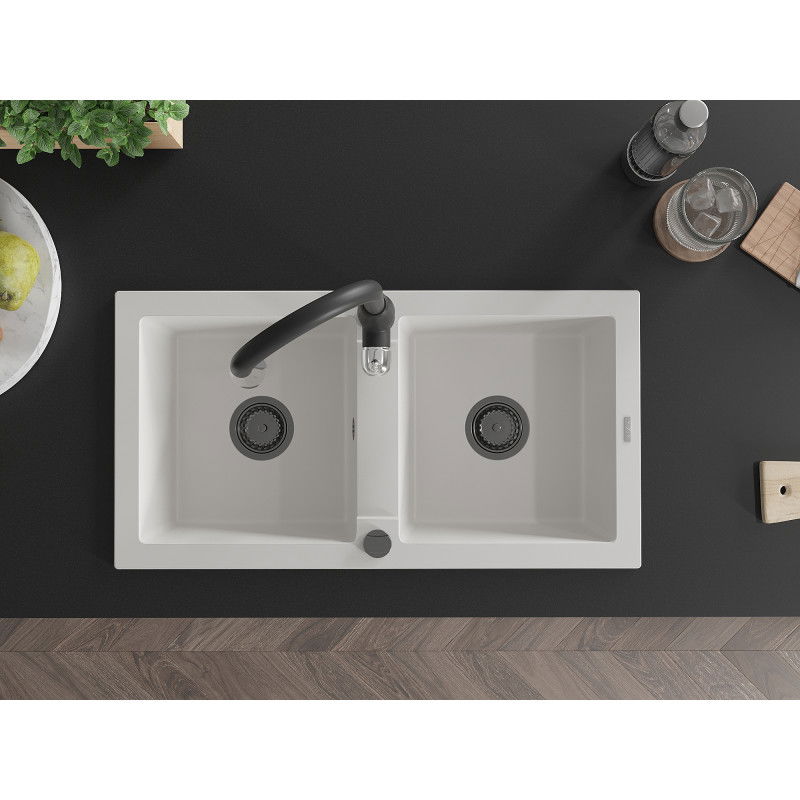 Mexen Mario 2-bowl granite kitchen sink with Savita tap, white - 6504-20-672601-70