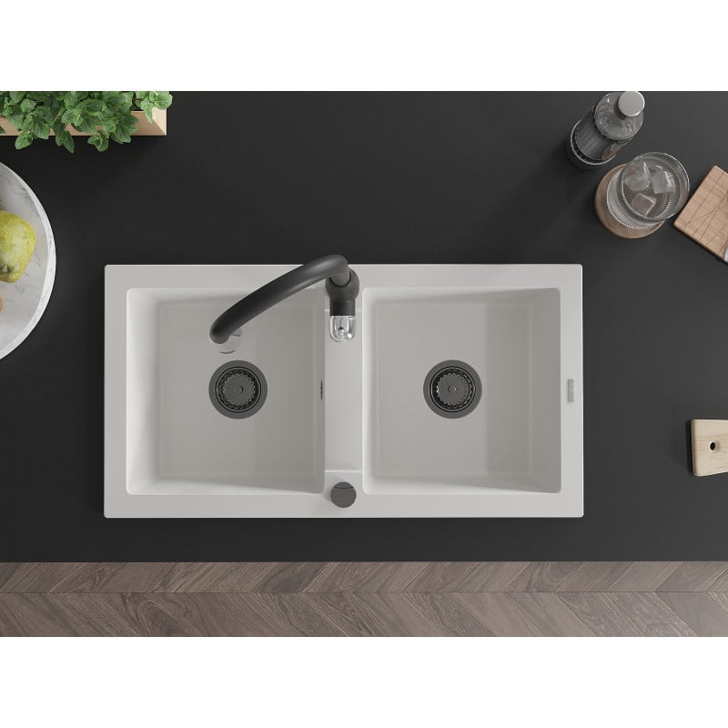 Mexen Mario fregadero de granito de 2 senos con grifo de cocina Savita, blanco - 6504-20-672601-70