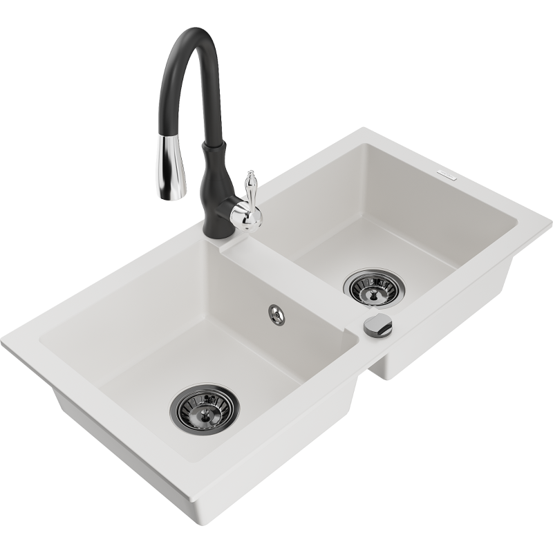 Mexen Mario lava-louça de granito de 2 cubas com torneira de cozinha Savita, branco - 6504-20-672601-70