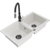 Mexen Mario 2-bowl granite kitchen sink with Savita tap, white - 6504-20-672601-70