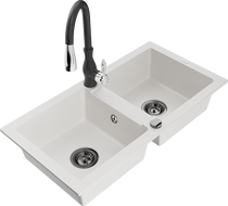 Mexen Mario 2-bowl granite kitchen sink with Savita tap, white - 6504-20-672601-70