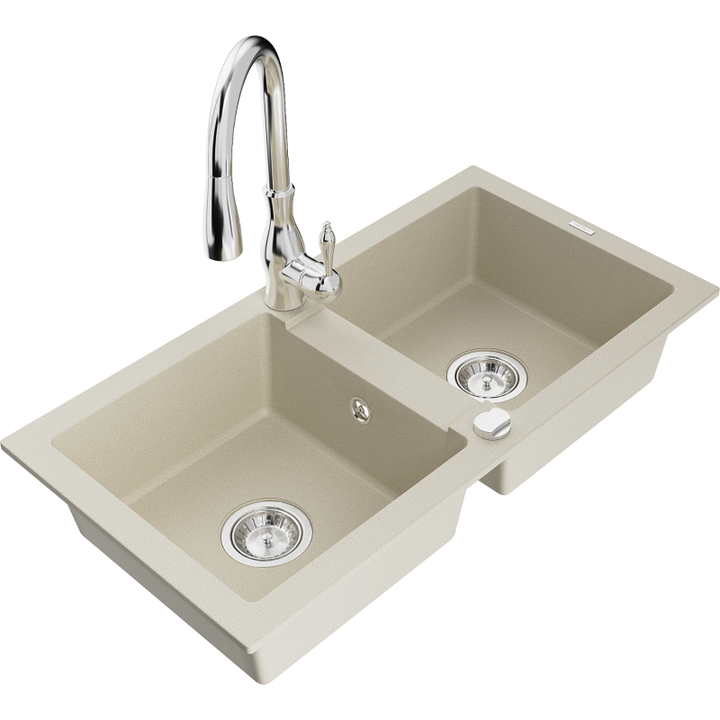 Mexen Mario fregadero de granito de 2 senos con grifo de cocina Savita, beige - 6504-69-672601-00