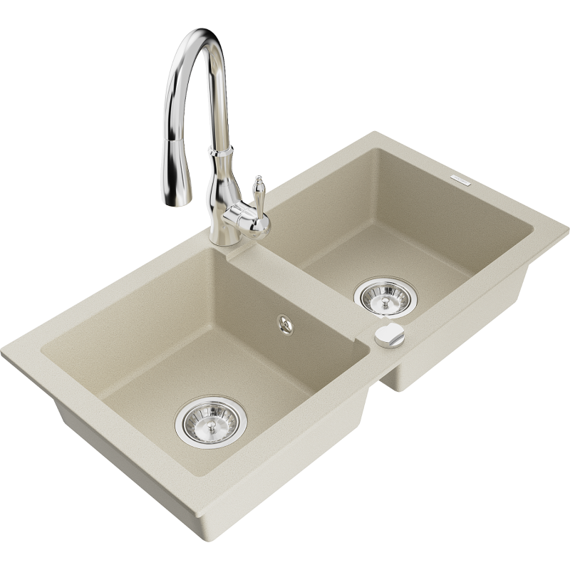 Mexen Mario granitdiskho med 2 fack med köksblandare Savita, beige - 6504-69-672601-00