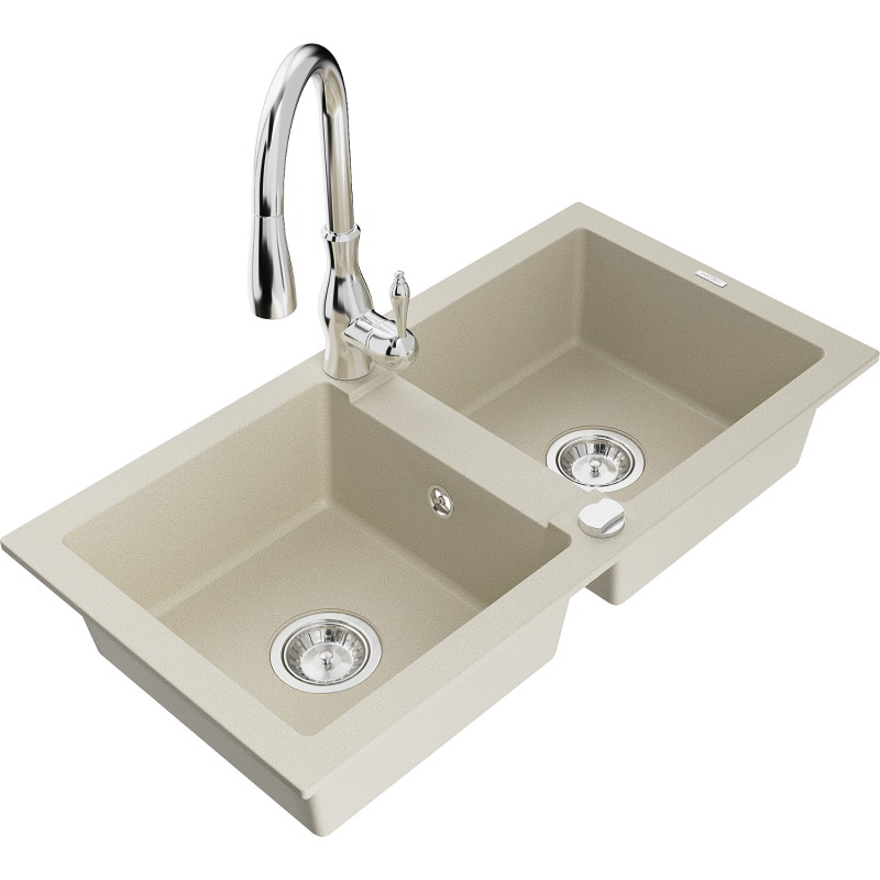 Mexen Mario Granitspüle 2-Kammer mit Küchenarmatur Savita, beige - 6504-69-672601-00