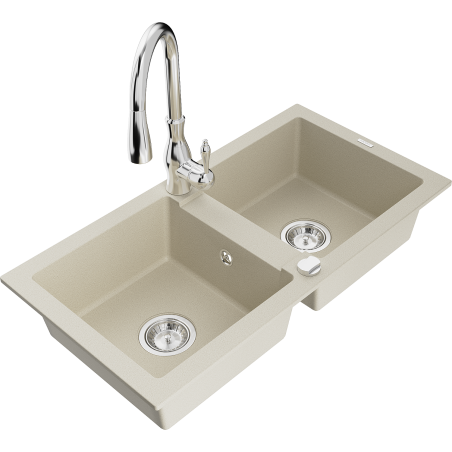 Mexen Mario évier en granit 2 bacs avec robinet de cuisine Savita, beige - 6504-69-672601-00
