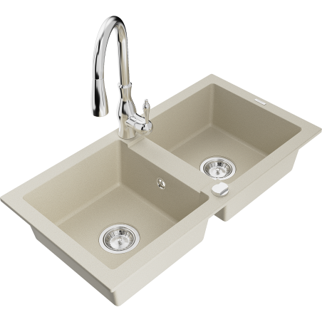 Mexen Mario fregadero de granito de 2 senos con grifo de cocina Savita, beige - 6504-69-672601-00