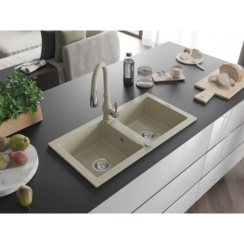 Mexen Mario évier en granit à 2 bacs avec robinet de cuisine Savita, beige - 6504-69-672601-69