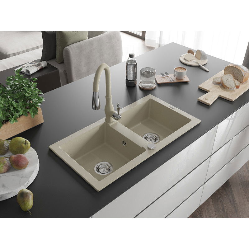 Mexen Mario fregadero de granito de 2 compartimentos con grifo de cocina Savita, beige - 6504-69-672601-69