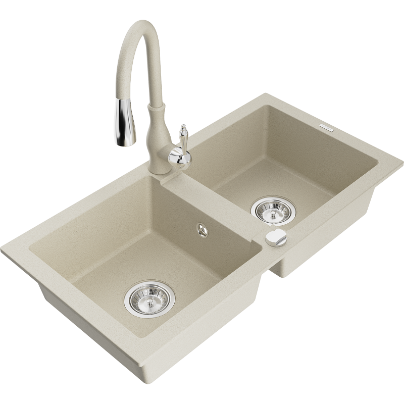 Mexen Mario granite kitchen sink 2-compartment with Savita kitchen faucet, beige - 6504-69-672601-69