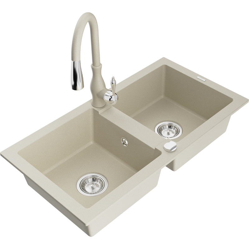 Mexen Mario lavello in granito a 2 vasche con miscelatore cucina Savita, beige - 6504-69-672601-69