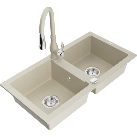 Mexen Mario granitais virtuves izlietne ar 2 nodalījumiem un Savita krānu, bēšā krāsā - 6504-69-672601-69