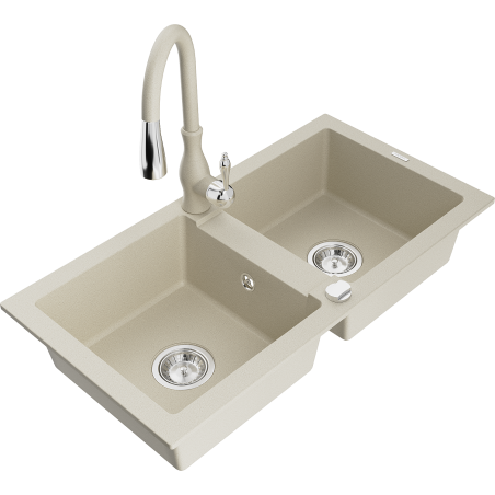 Mexen Mario granitdiskho med två fack och Savita köksblandare, beige - 6504-69-672601-69