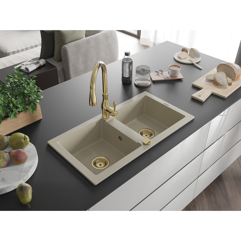 Mexen Mario fregadero de granito de 2 compartimentos con grifo de cocina Savita, beige - 6504-69-672601-50