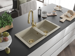 Mexen Mario évier en granit 2 cuves avec robinet de cuisine Savita, beige - 6504-69-672601-50