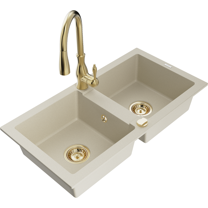 Mexen Mario fregadero de granito de 2 compartimentos con grifo de cocina Savita, beige - 6504-69-672601-50