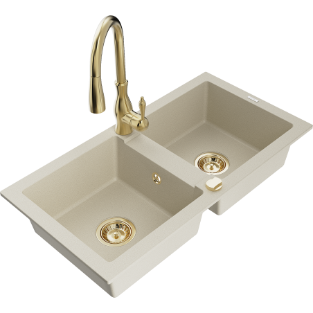 Mexen Mario évier granitique à 2 cuves avec robinet de cuisine Savita, beige - 6504-69-672601-50