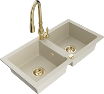 Mexen Mario fregadero de granito de 2 compartimentos con grifo de cocina Savita, beige - 6504-69-672601-50