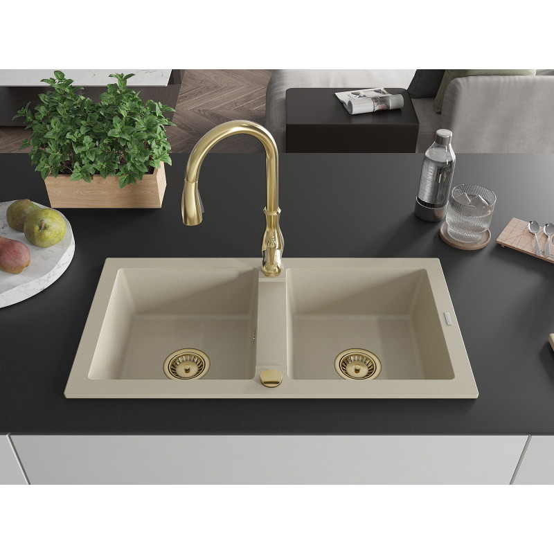 Mexen Mario évier granitique à 2 cuves avec robinet de cuisine Savita, beige - 6504-69-672601-50