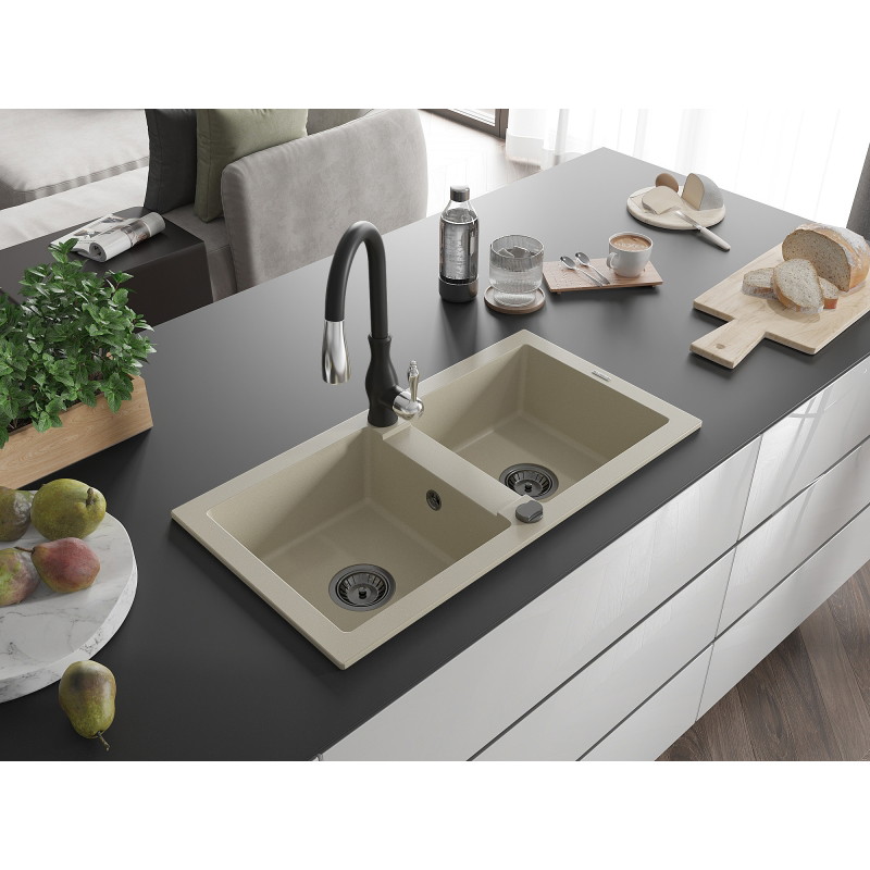 Mexen Mario granitspüle mit 2 becken und küchenarmatur Savita, beige - 6504-69-672601-70