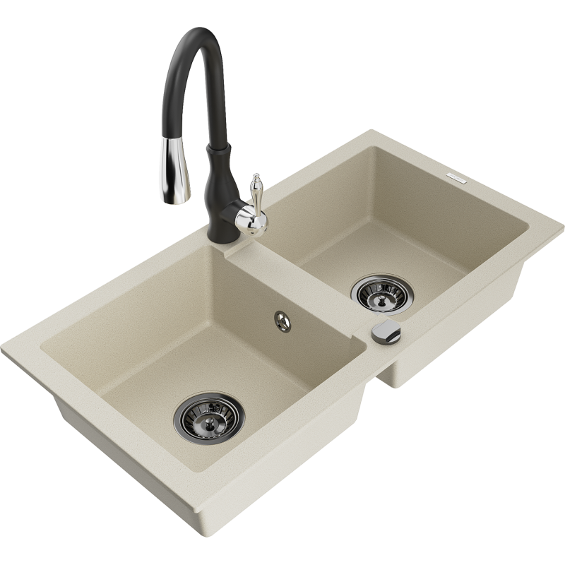 Mexen Mario 2-bowl granite kitchen sink with Savita faucet, beige - 6504-69-672601-70