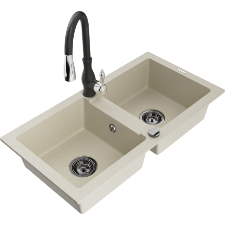 Mexen Mario granieten gootsteen met 2 kommen en keukenmengkraan Savita, beige - 6504-69-672601-70
