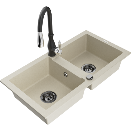 Mexen Mario lavello in granito a 2 vasche con rubinetto da cucina Savita, beige - 6504-69-672601-70
