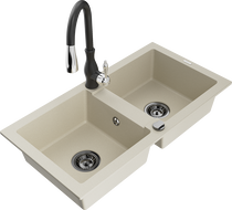 Mexen Mario granite double-bowl sink with Savita kitchen faucet, beige - 6504-69-672601-70