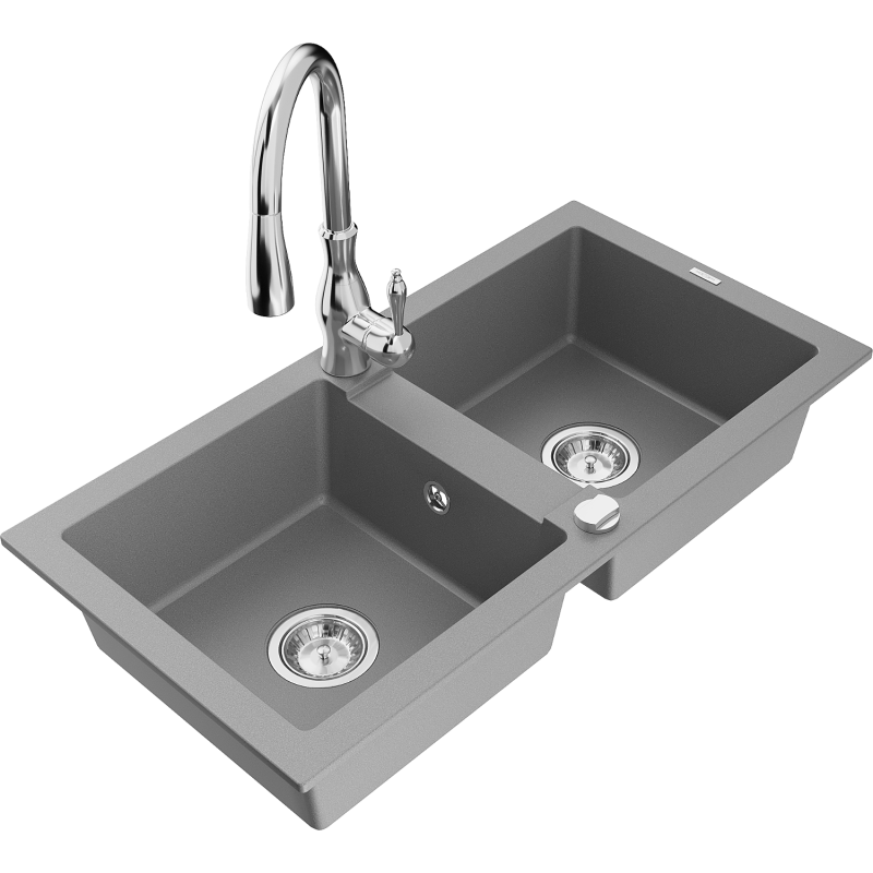 Mexen Mario fregadero de granito de 2 compartimentos con grifo de cocina Savita, gris - 6504-71-672601-00
