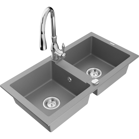 Mexen Mario fregadero de granito de 2 compartimentos con grifo de cocina Savita, gris - 6504-71-672601-00