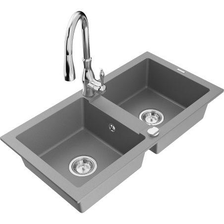 Mexen Mario granite kitchen sink 2-bowl with Savita kitchen tap, grey - 6504-71-672601-00