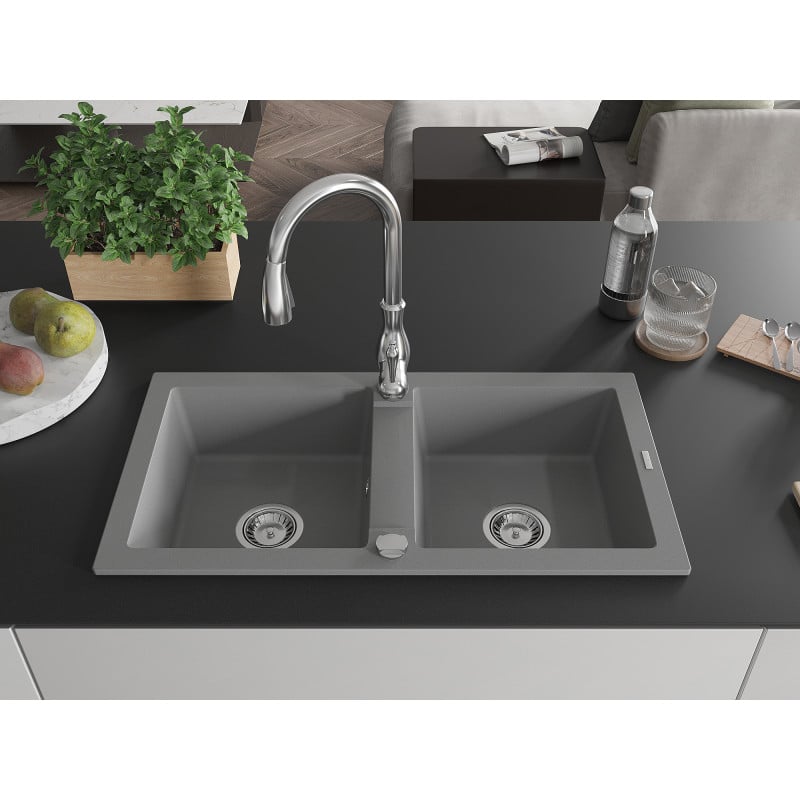 Mexen Mario granite kitchen sink 2-bowl with Savita kitchen tap, grey - 6504-71-672601-00