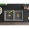 Mexen Mario granite double bowl sink with Savita kitchen tap, grey - 6504-71-672601-50