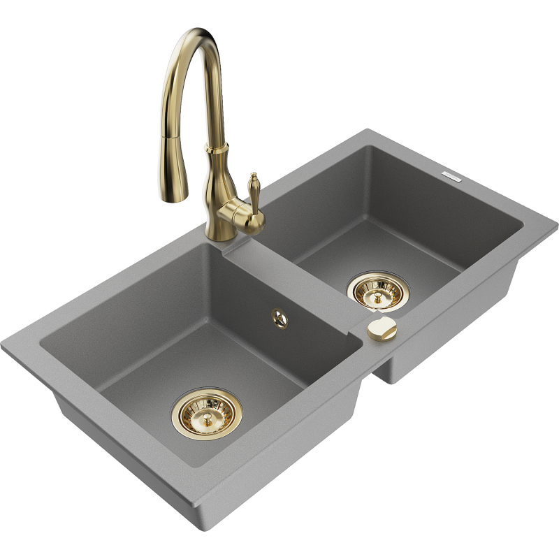 Mexen Mario fregadero de granito de 2 senos con grifo de cocina Savita, gris - 6504-71-672601-50
