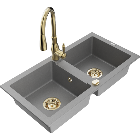 Mexen Mario granite double bowl sink with Savita kitchen tap, grey - 6504-71-672601-50