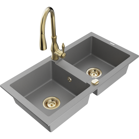 Mexen Mario lavello in granito a 2 vasche con miscelatore cucina Savita, grigio - 6504-71-672601-50
