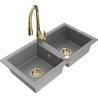 Mexen Mario granite double bowl sink with Savita kitchen tap, grey - 6504-71-672601-50
